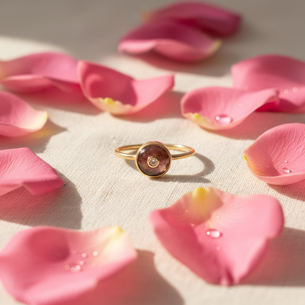 Bague Tourmaline Rose - mise en scène pétales