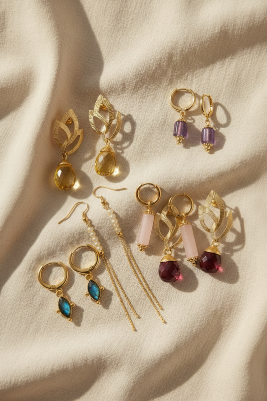 boucles d'oreilles en plaqué or citrine, tourmaline rose, labradorite, quartz rose et améthyste 