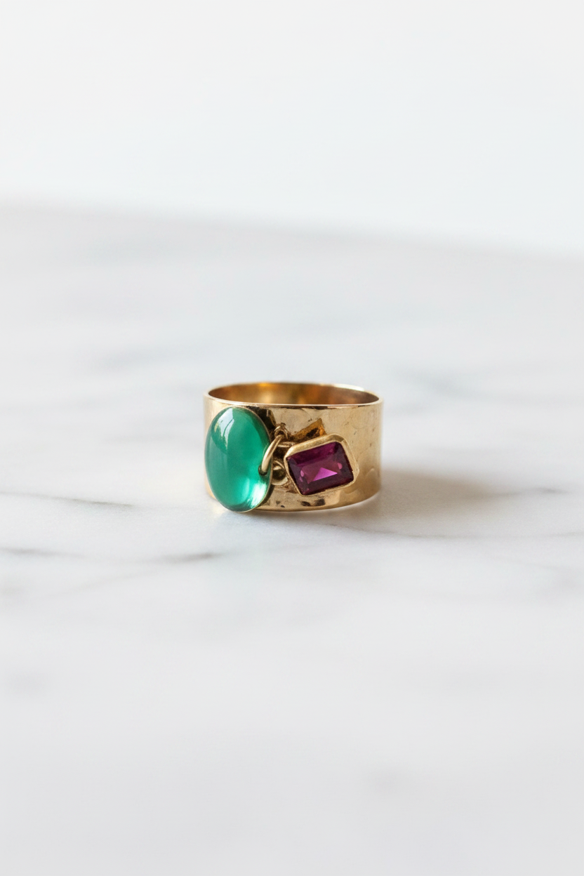 Bague Rubis Rectangle & Émail Vert – fond blanc