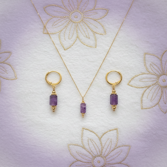 Coffret Sérénité – Collier et boucles d'oreilles Levigata Améthyste, bijoux en pierre naturelle faits main en France