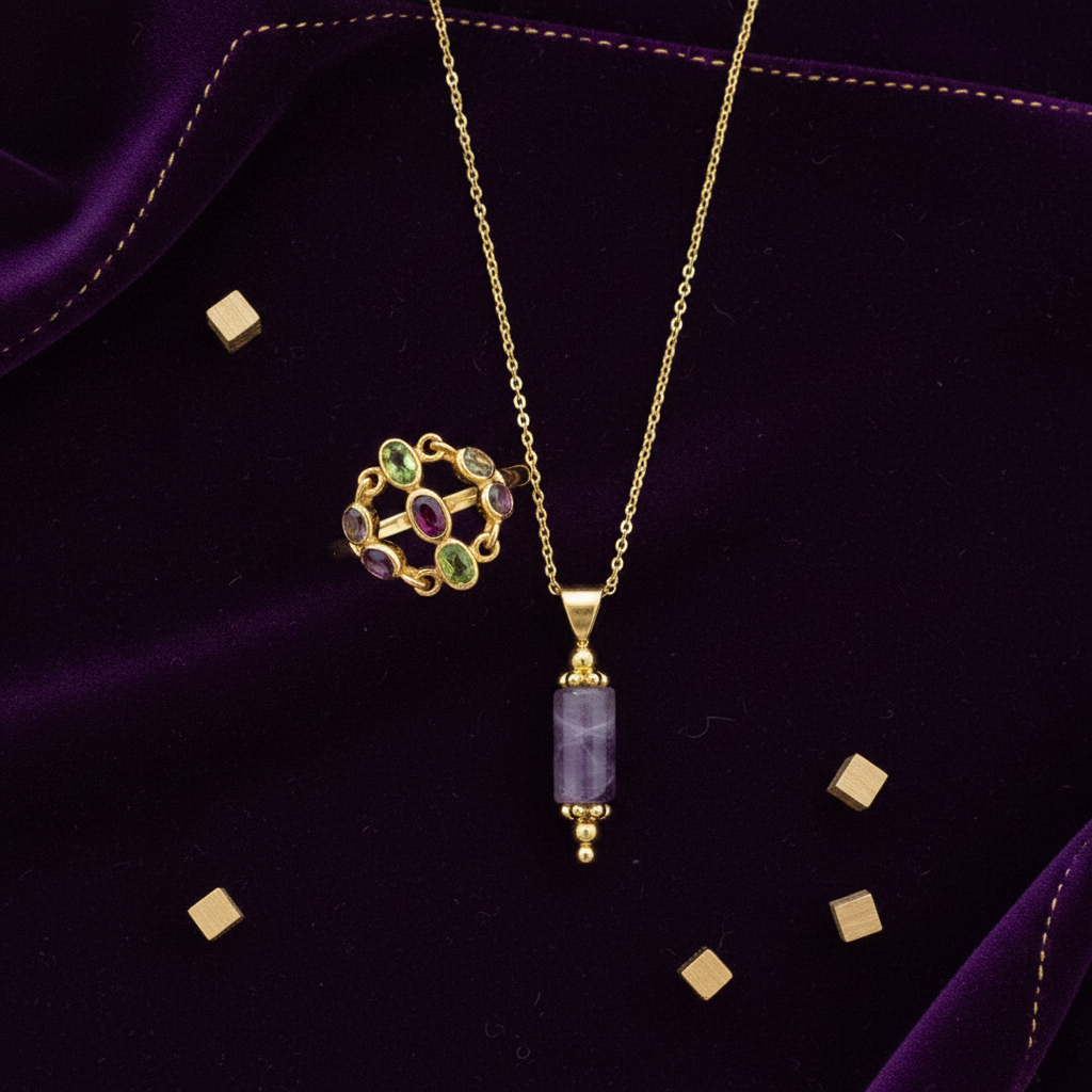 Coffret Précieux – Bague Couronne Précieuse et Collier Levigata Améthyste, bijoux en pierres naturelles faits main en France
