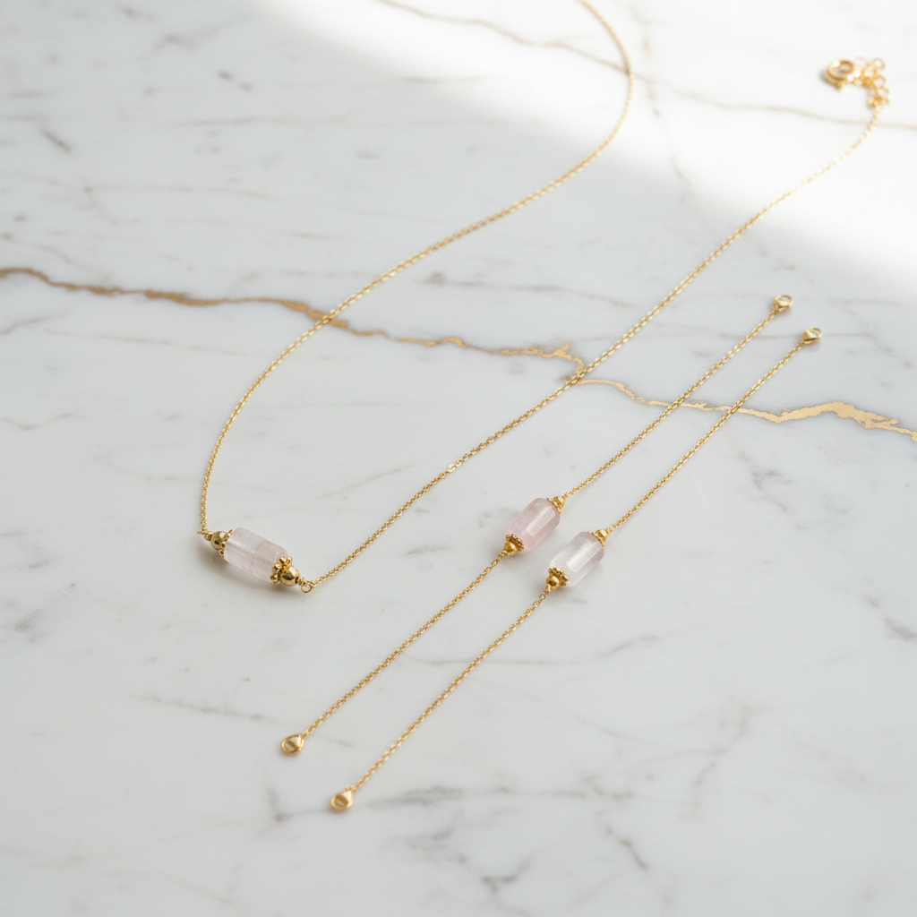 Coffret Harmonie – Collier et bracelet Levigata Quartz Rose, bijoux en pierre naturelle faits main en France