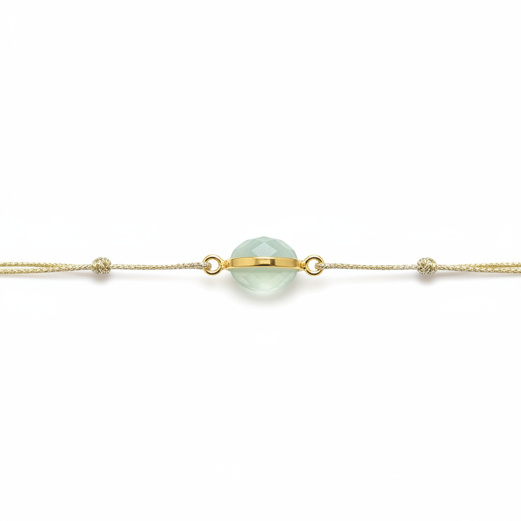 Bracelet Petra Préhnite - pierre ovale facétée vert menthe plaqué or fil lurex - Eleganza Paris