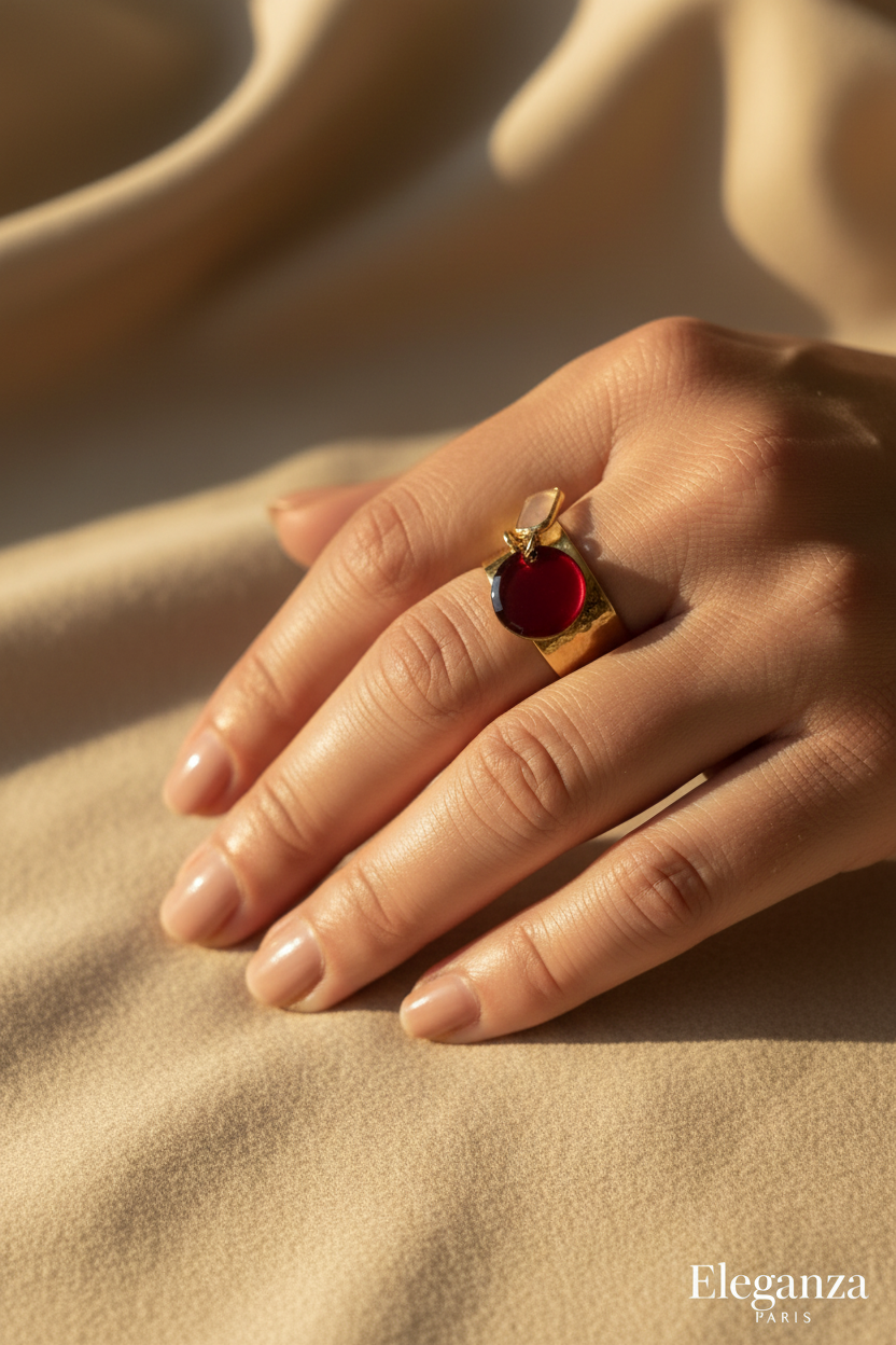 Bague Rosea en Quartz Rose et Émail Rouge · Dorée à l’Or Fin